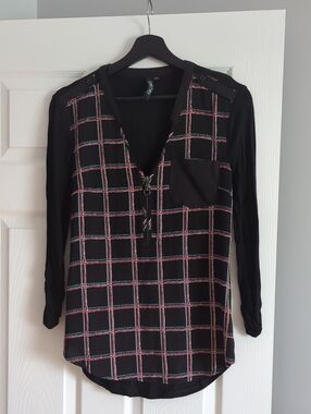 Black Plaid Blouse with Pink and Teal Windowpane